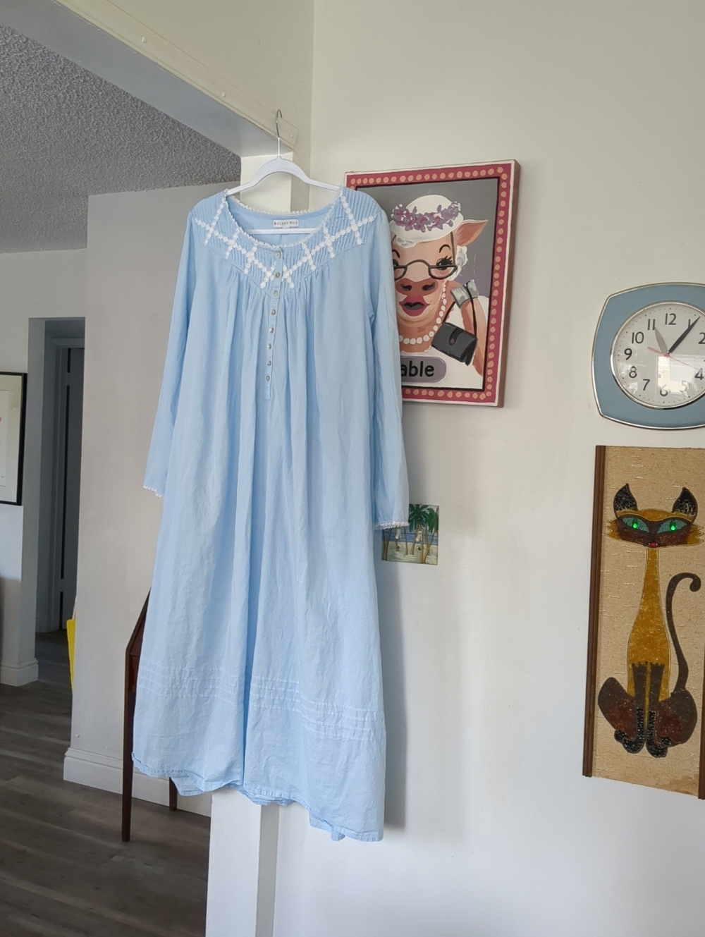 💕 EILEEN WEST Nightgown 100% Cotton Long Floral Appliques XL Blue Cottagecore